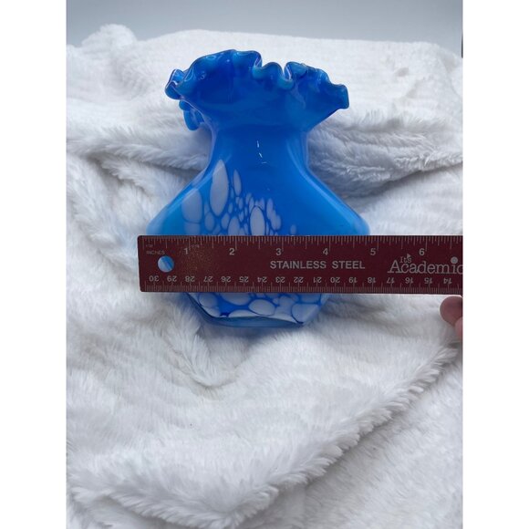 Vintage Hand-Blown Vase Bright Sky Blue and White Accents, Ruffled Edge - Picture 9 of 10